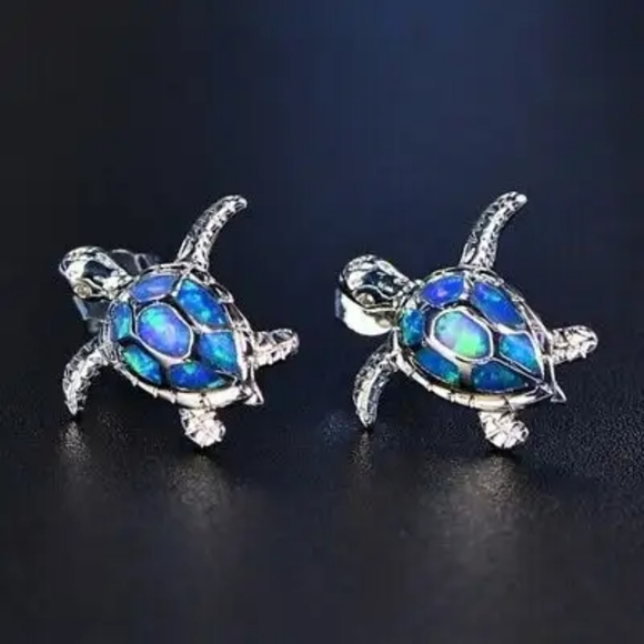 Blazing Blue Fire Opal Sea Turtle Earrings - Picture 3 of 12